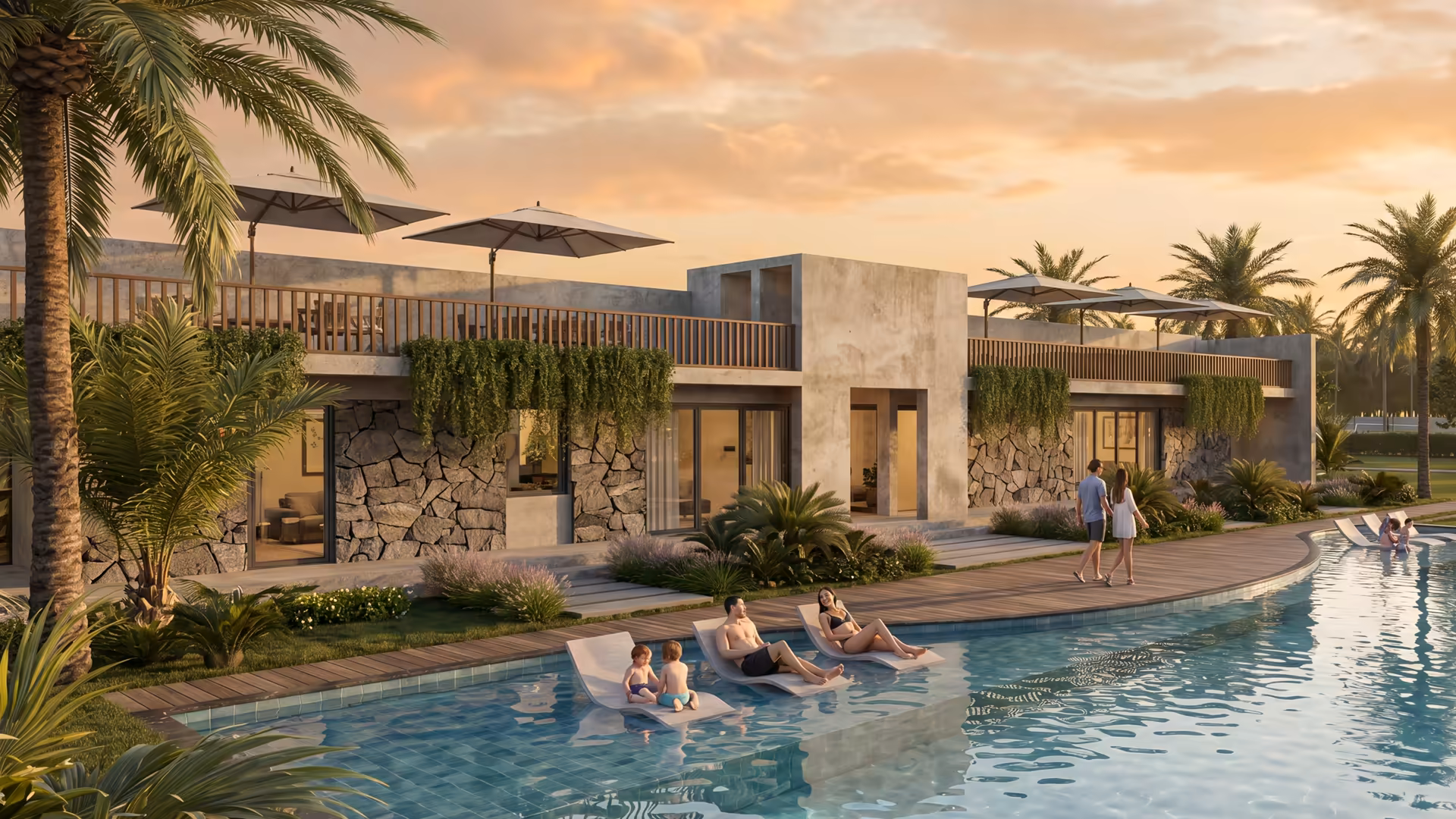 Club house con áreas de encuentro y vista a la piscina