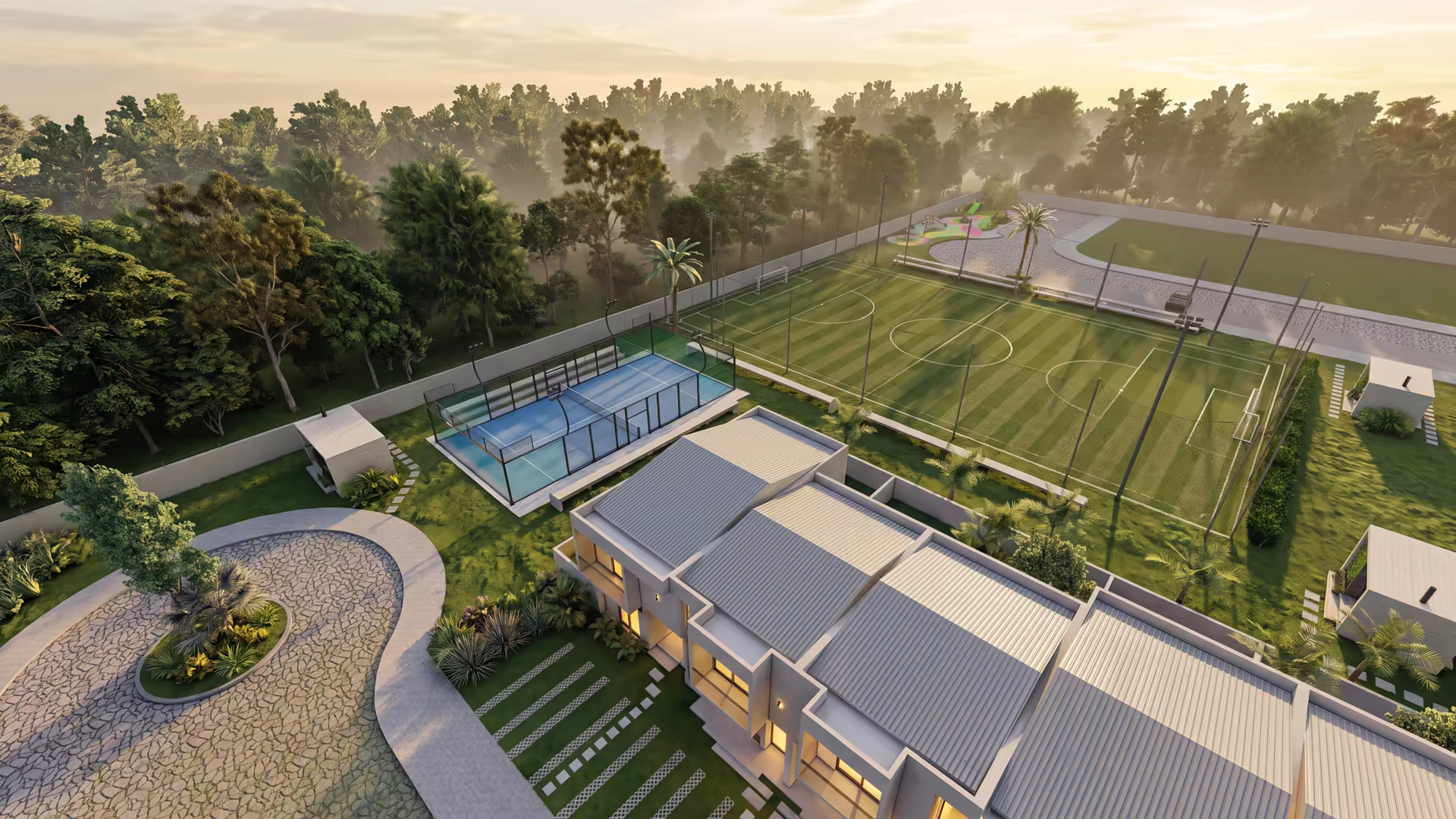 Cancha de fútbol sintético y canchas de pádel