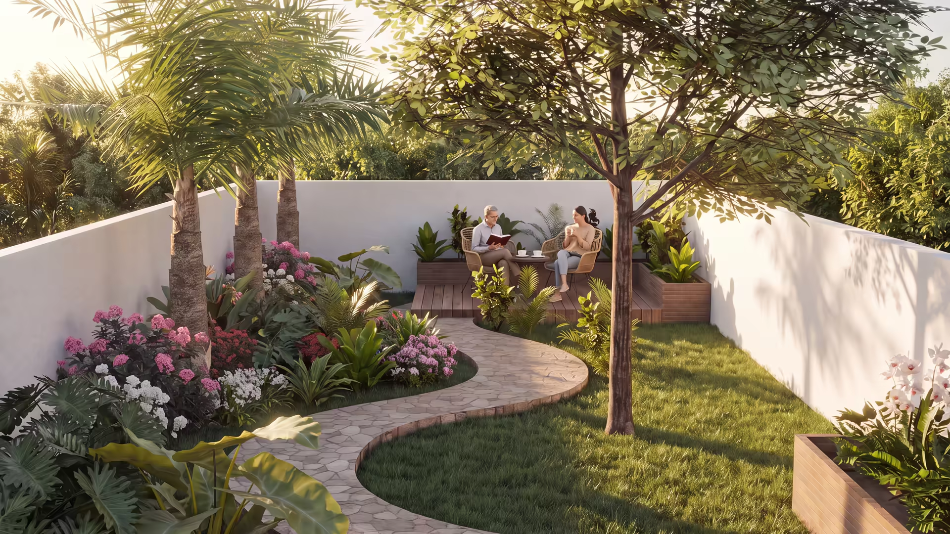Patio con deck de madera al fondo, camino de piedra y jardineras de ladrillo visto