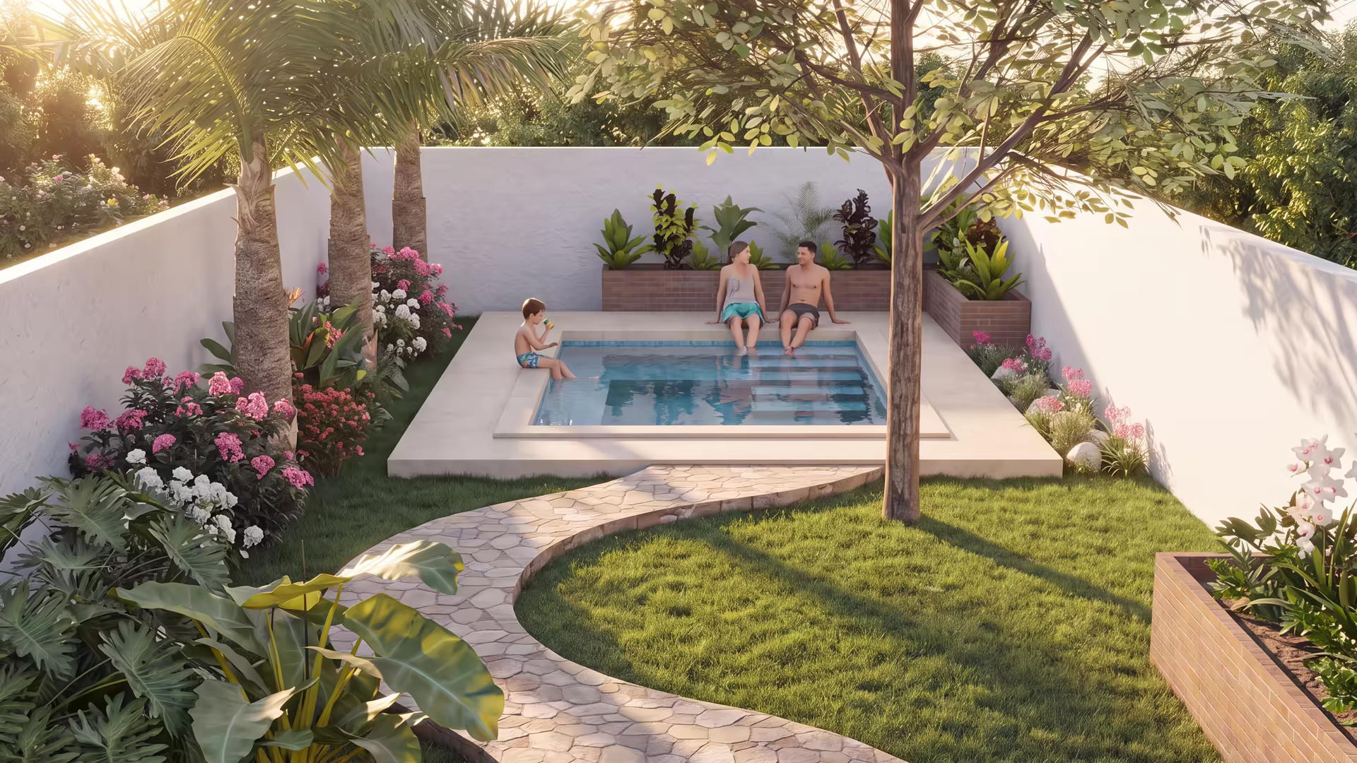 Patio con piscina integrada y solárium de madera enmarcado por palmeras