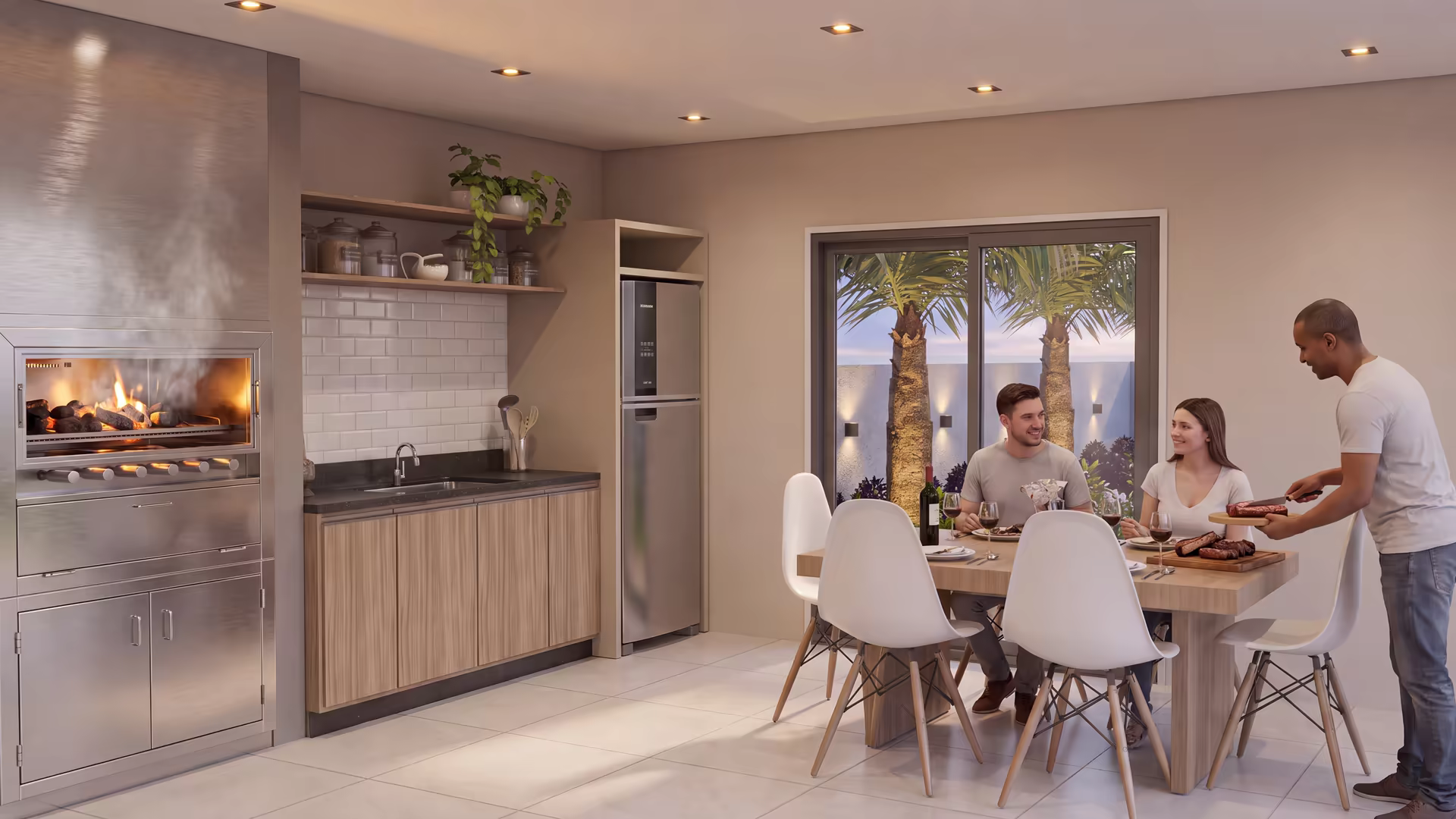 Quincho cerrado con parrilla y comedor, abierto al jardín